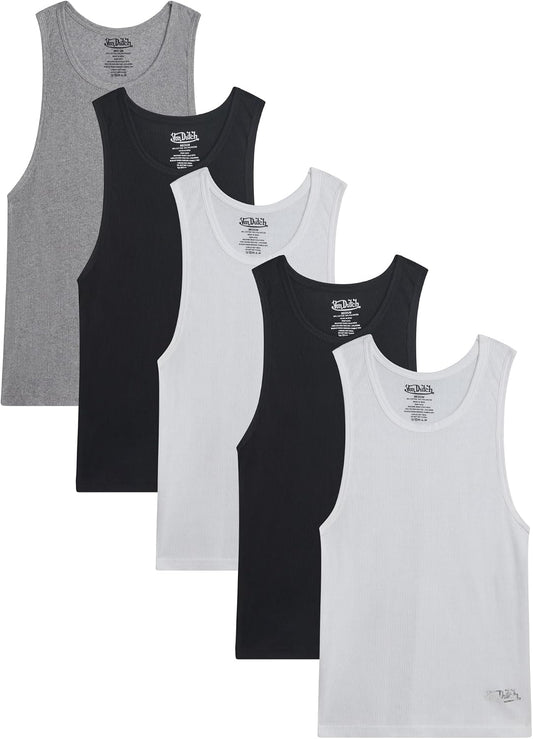 Von Dutch Mens Tank Tops 5 Pack Soft Cotton Ribbed Sleeveless Undershirts