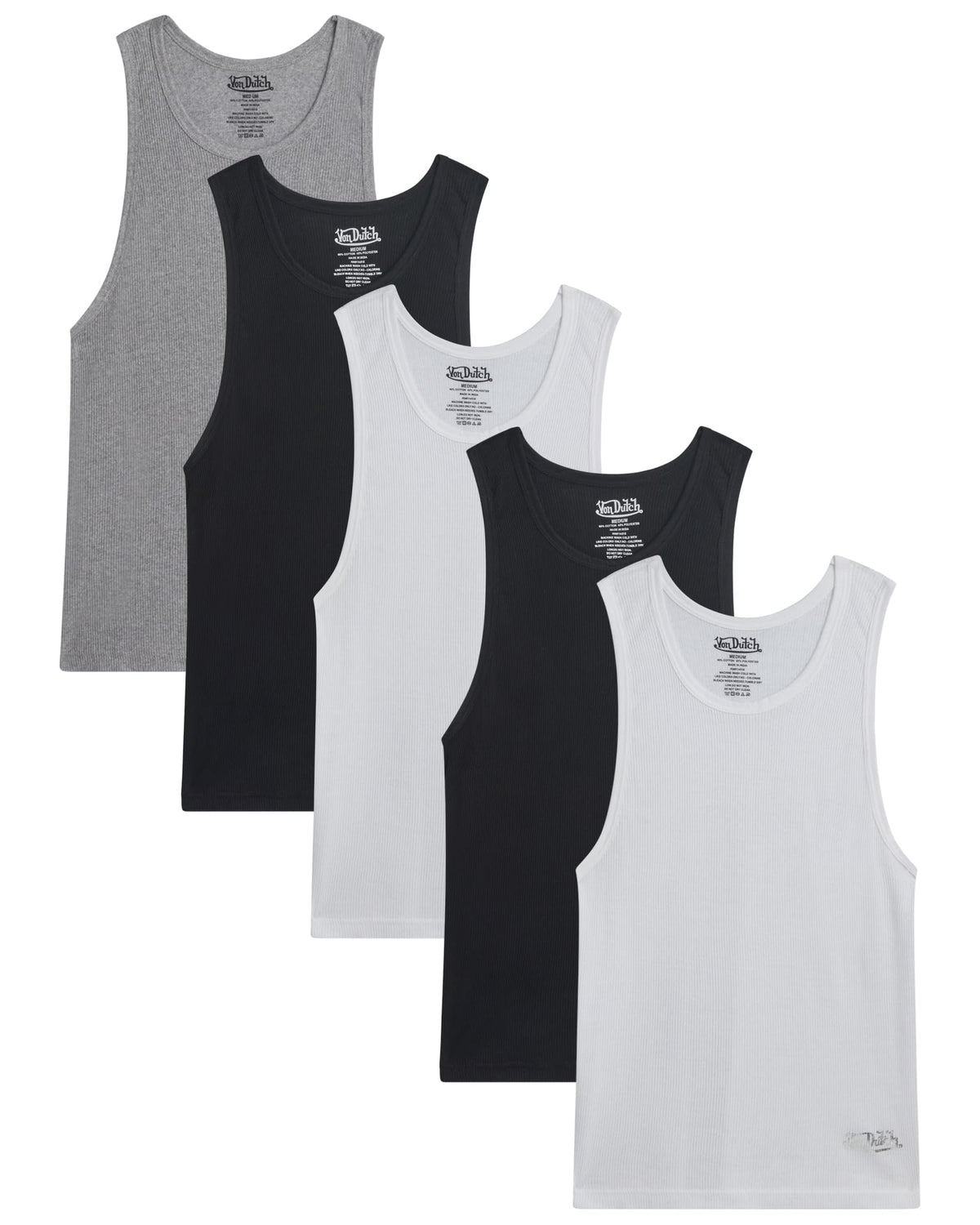 Von Dutch Mens Tank Tops 5 Pack Soft Cotton Ribbed Sleeveless Undershirts