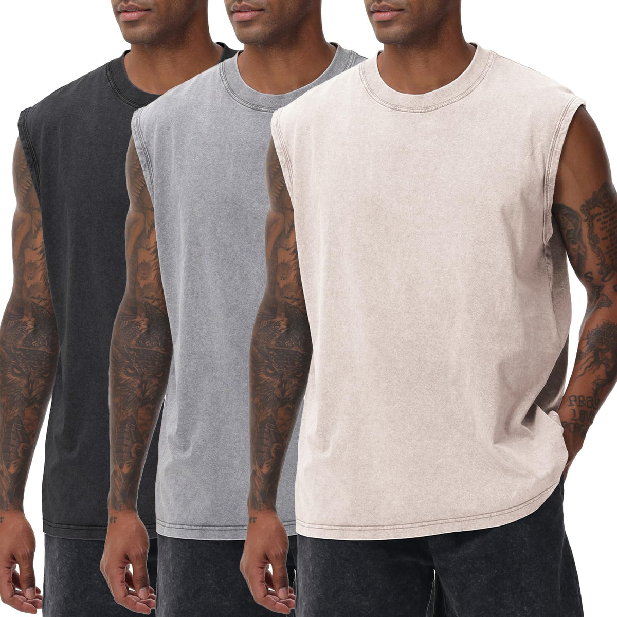 Mens Workout Tank Tops Sleeveless Tee Shirts Men Muscle Shirt Gym Acid Wash T Shirts Running Beach Loose Fit Tee