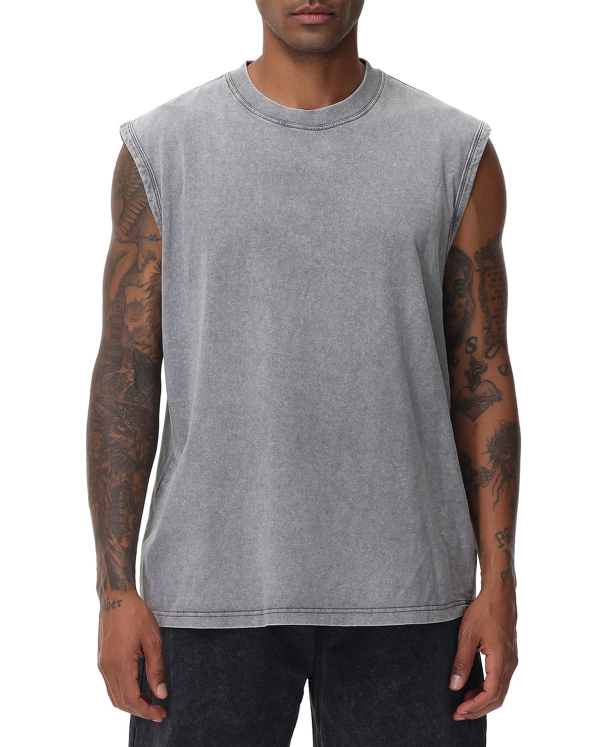 Mens Workout Tank Tops Sleeveless Tee Shirts Men Muscle Shirt Gym Acid Wash T Shirts Running Beach Loose Fit Tee