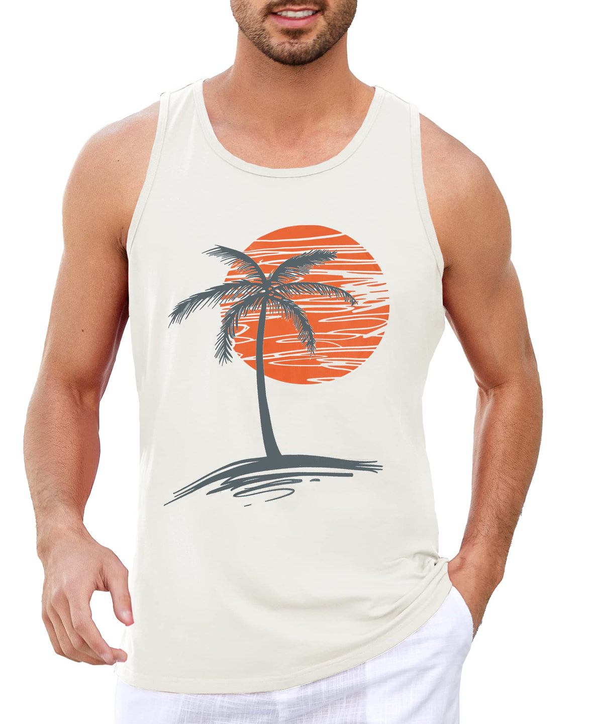 Mens Sleeveless Tank Tops Graphic Gym Shirts Palm Tree T-Shirt