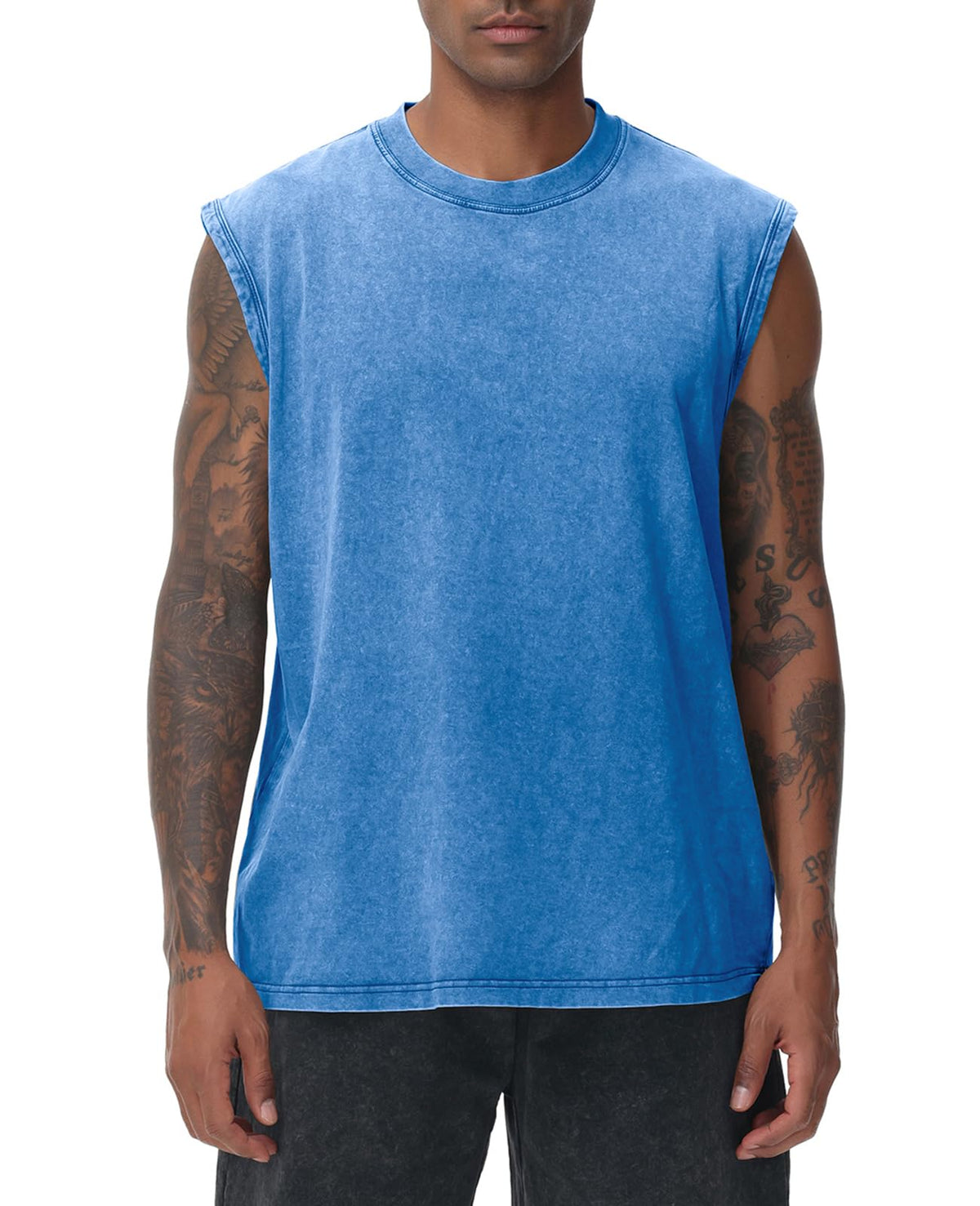 Mens Workout Tank Tops Sleeveless Tee Shirts Men Muscle Shirt Gym Acid Wash T Shirts Running Beach Loose Fit Tee