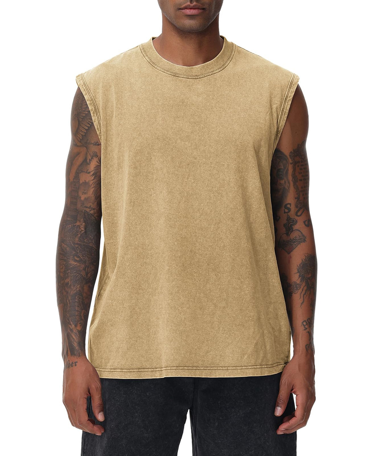 Mens Workout Tank Tops Sleeveless Tee Shirts Men Muscle Shirt Gym Acid Wash T Shirts Running Beach Loose Fit Tee