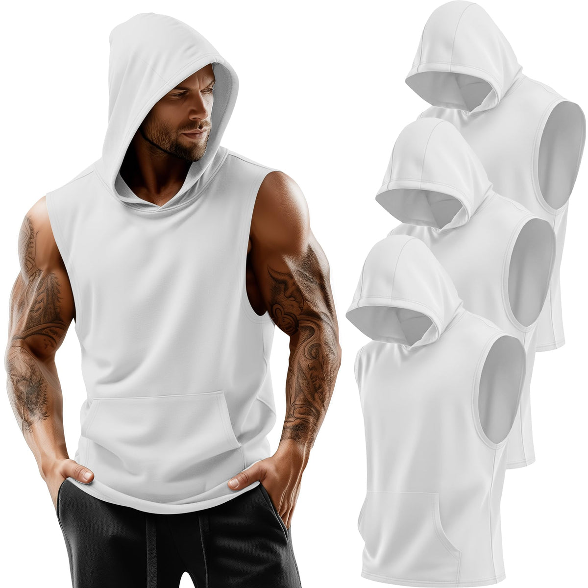 3 Pack Men's Workout Hooded Tank Tops