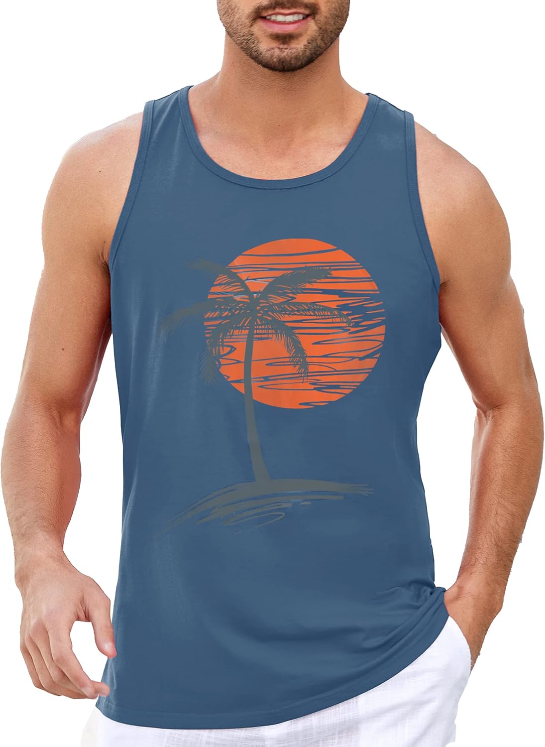 Mens Sleeveless Tank Tops Graphic Gym Shirts Palm Tree T-Shirt