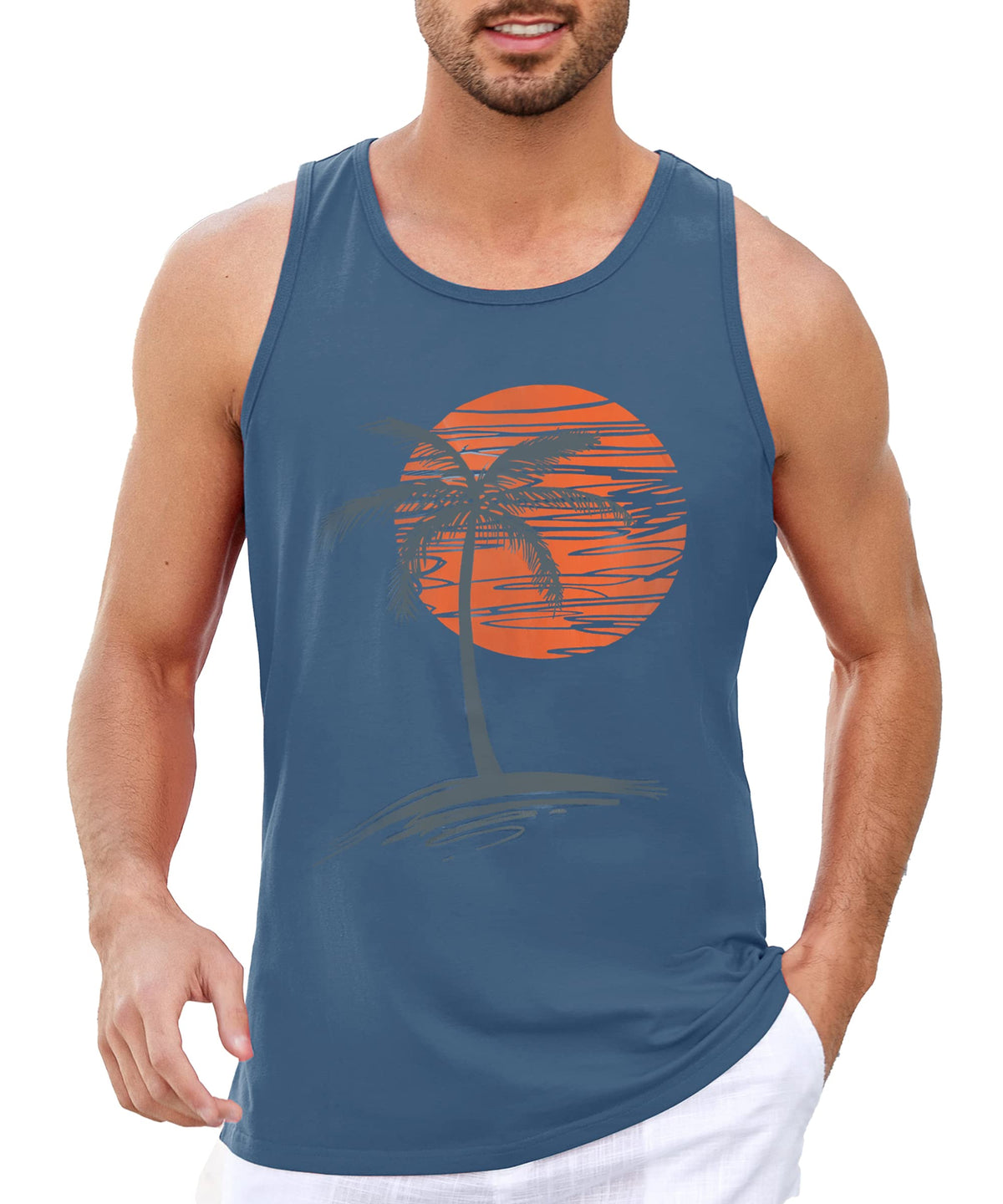 Mens Sleeveless Tank Tops Graphic Gym Shirts Palm Tree T-Shirt