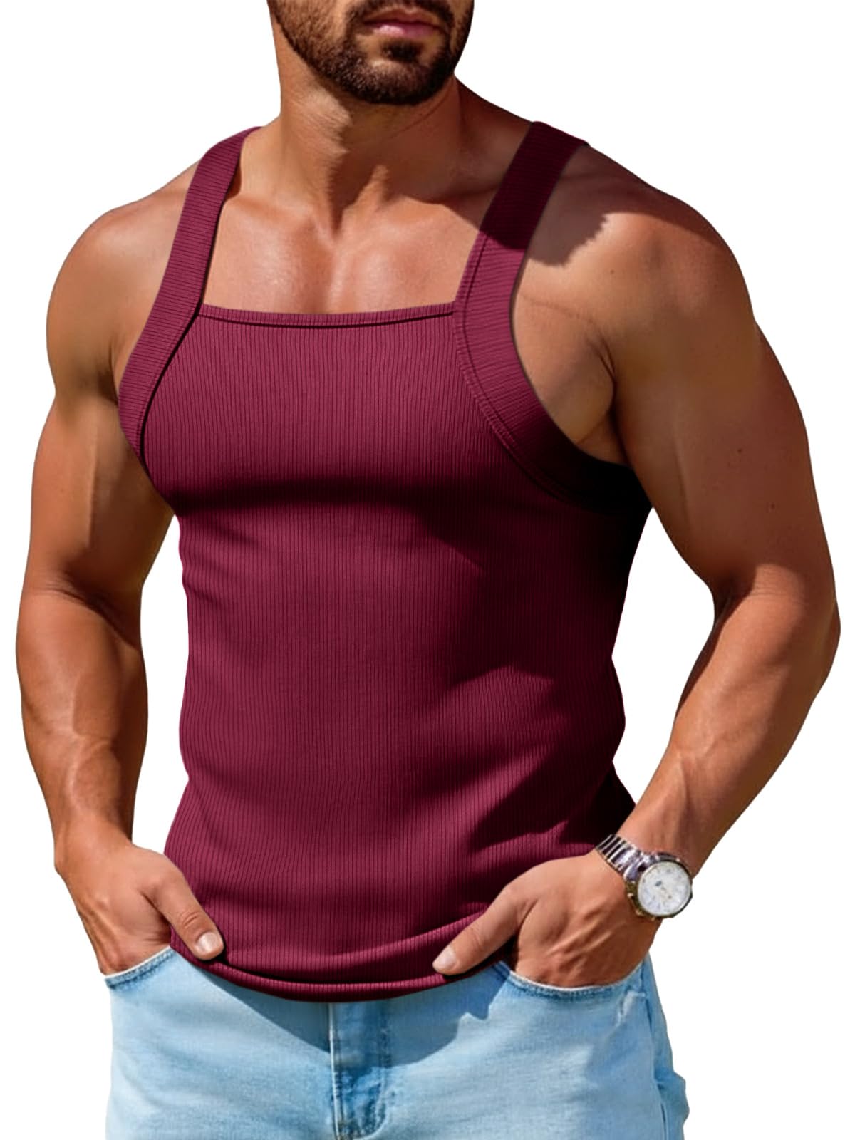 Runcati Mens Ribbed Knit Tank Tops Sleeveless Shirts Summer Gym Muscle Tees