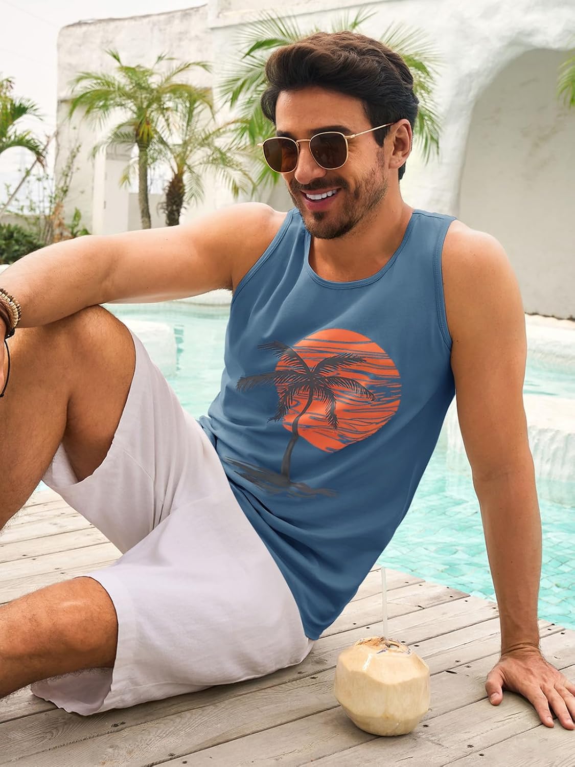 Mens Sleeveless Tank Tops Graphic Gym Shirts Palm Tree T-Shirt