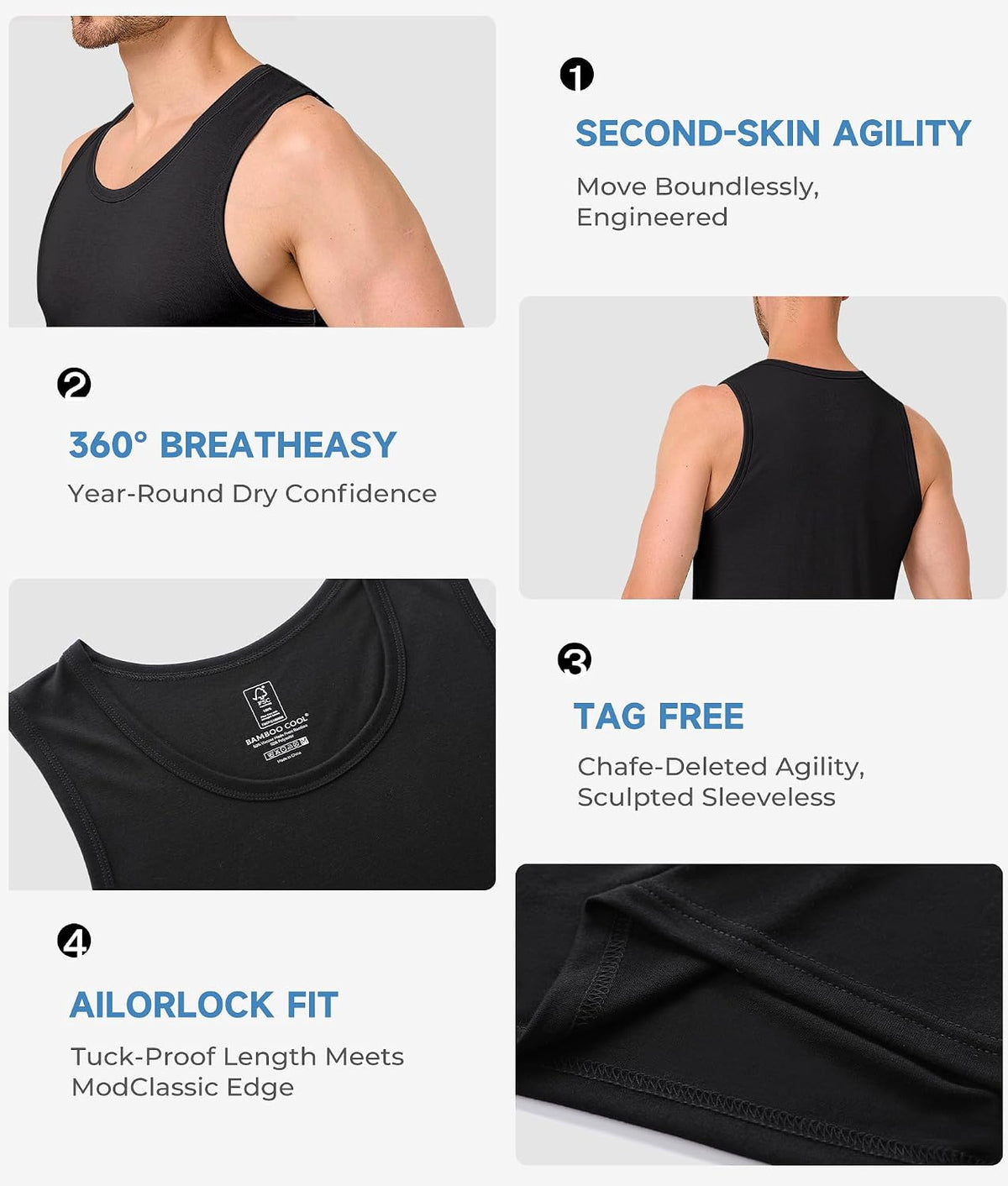 BAMBOO COOL Men's Tank Top Undershirts Moisture Wicking Fit A-Shirts 3 Pack