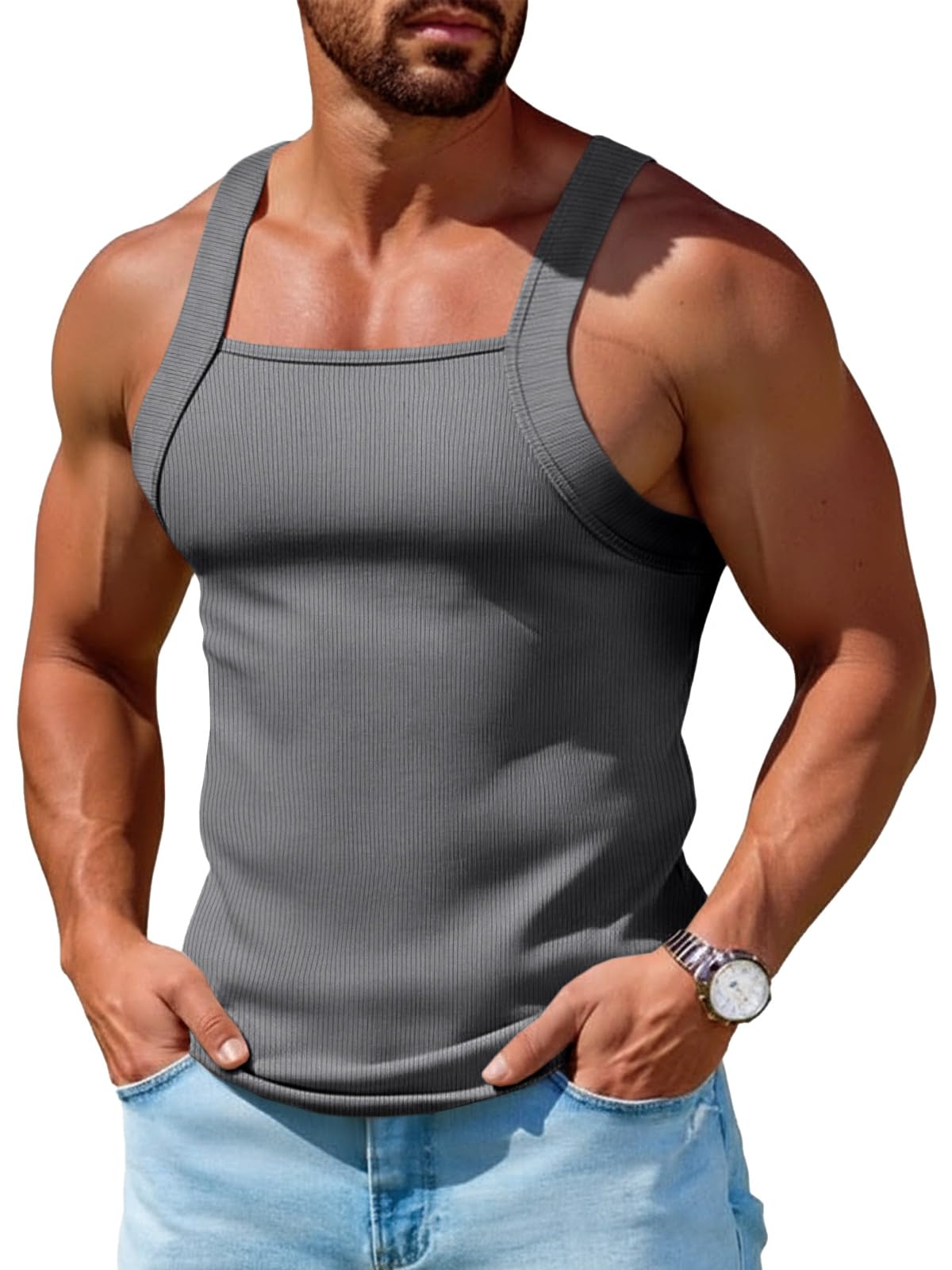 Runcati Mens Ribbed Knit Tank Tops Sleeveless Shirts Summer Gym Muscle Tees