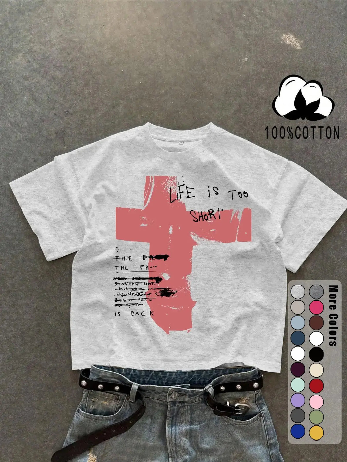 Unisex 100% Cotton Short Sleeve T-Shirt, Cross Graffiti Print, Y2K Dark Gothic Street Style, Streetwear, Casual Daily Wear, Loose-Fitting, Long Length, Aesthetic, Relaxed Fit