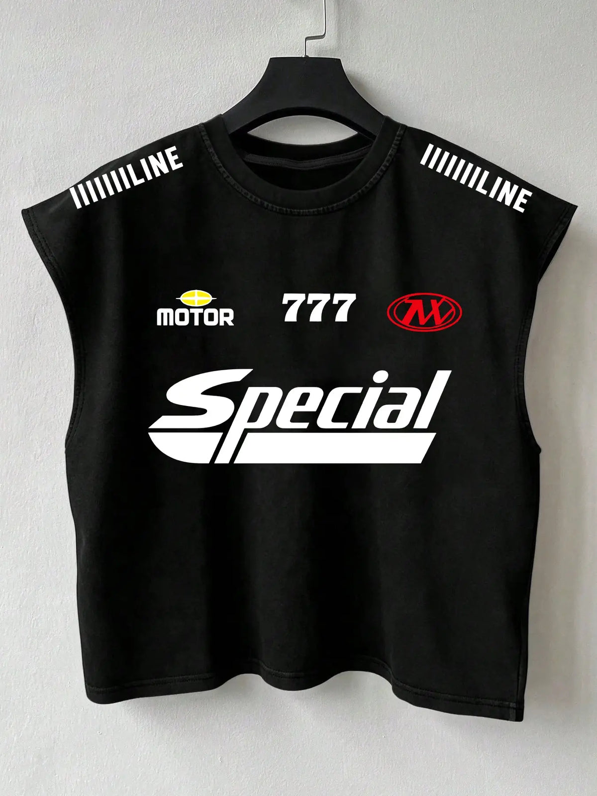 Men's Casual Tank Top, Striped Shoulder, Motor, 777 Number, Pop Art Print, Sporty Style, Loose Fit, Summer Fashion, Multi-Scene Wear