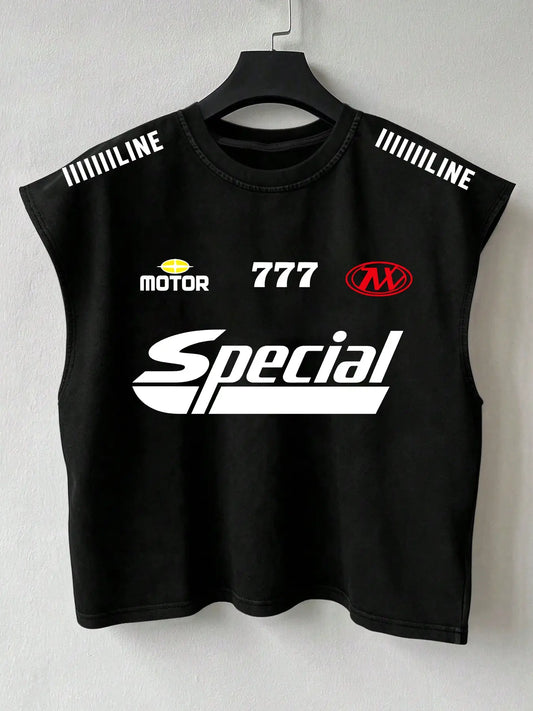 Men's Casual Tank Top, Striped Shoulder, Motor, 777 Number, Pop Art Print, Sporty Style, Loose Fit, Summer Fashion, Multi-Scene Wear