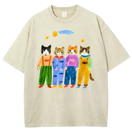 Women's Retro Hand-Painted Funny Cats in Overalls Short-Sleeve Cotton T-Shirt - Breathable Oversized Fit Streetwear Top for Vacation Outfits, Funny Graphic Tee