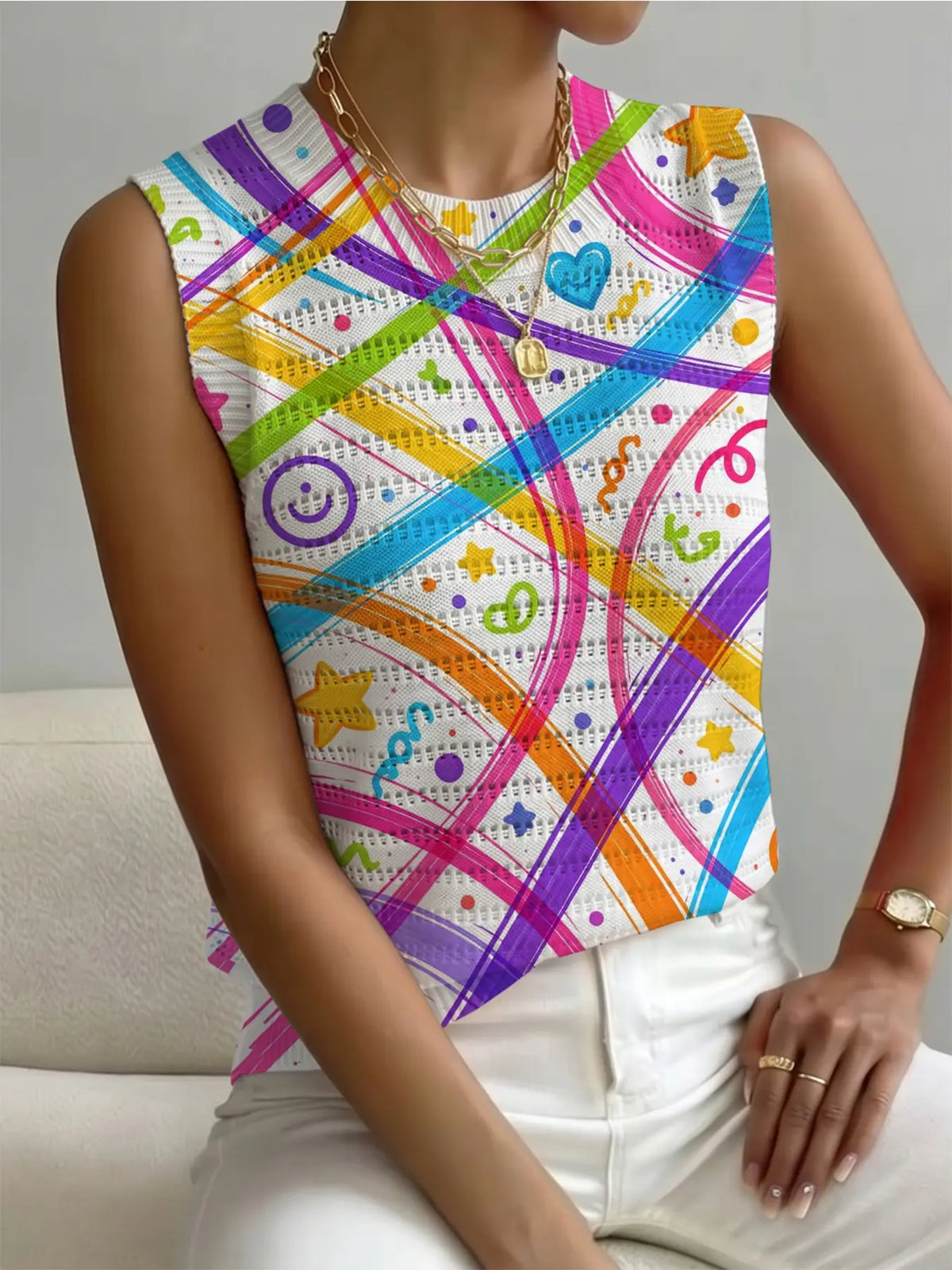 Women's Cartoon Graffiti Geometric Dot Heart Print Round Neck Sweater Vest, Casual Sleeveless Knit Top, Breathable Four-Season Wear