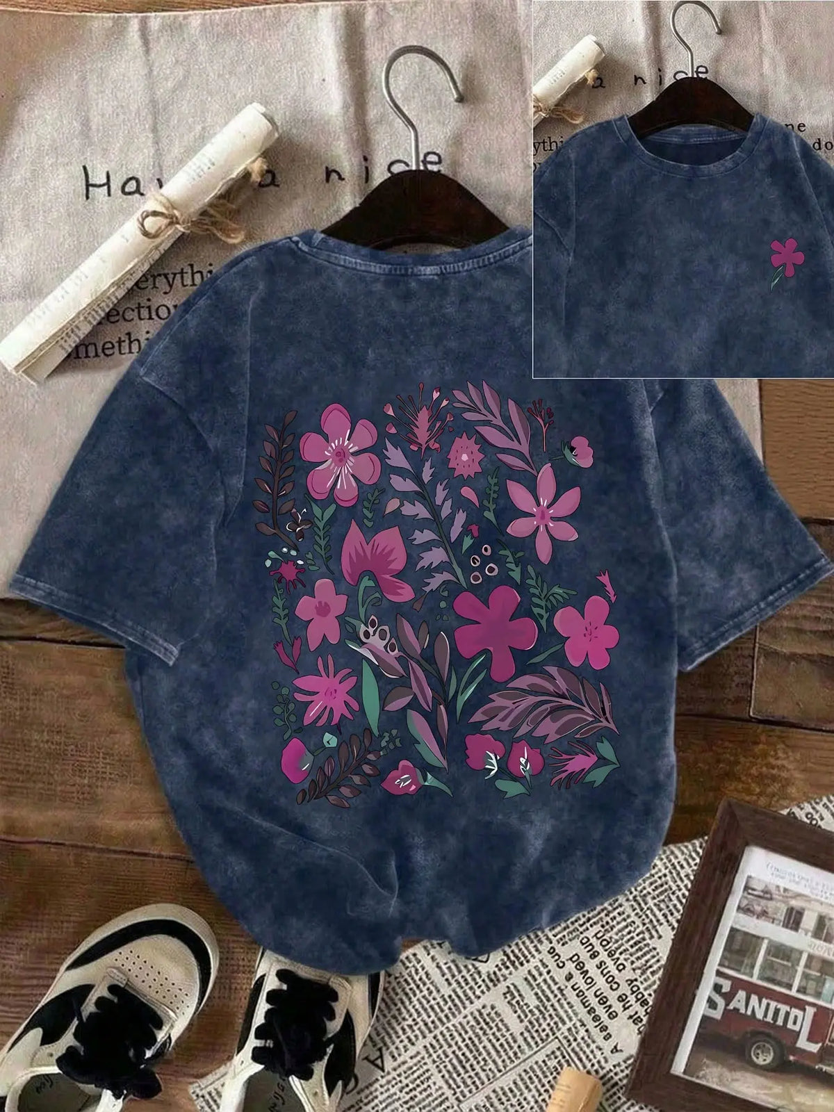 Women's 100% Washed Cotton Round Neck Short-Sleeve T-Shirt - Casual Relaxed-Fit Rural-Style Floral Print Comfortable Top for Daily Wear, Shortsleeve