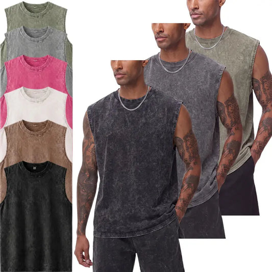 3-Pack Heavyweight Cotton Feel Washed Sleeveless T-Shirts, Vintage Texture, Multiple Colors, Casual Commuter Unisex Tops