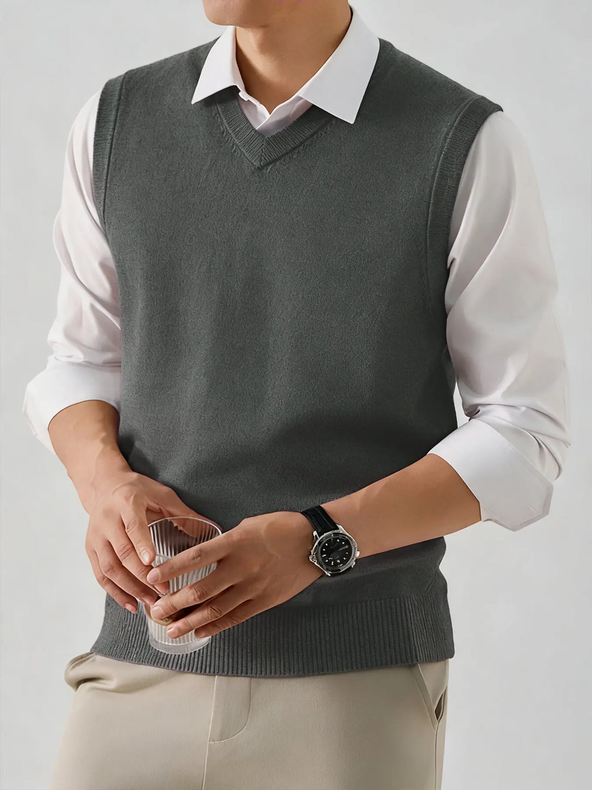 Men's V-neck Knit Vest - Menswear Tops, Polyester, Spring/Autumn Business Casual Sleeveless Basic Layerable Solid Color Vest