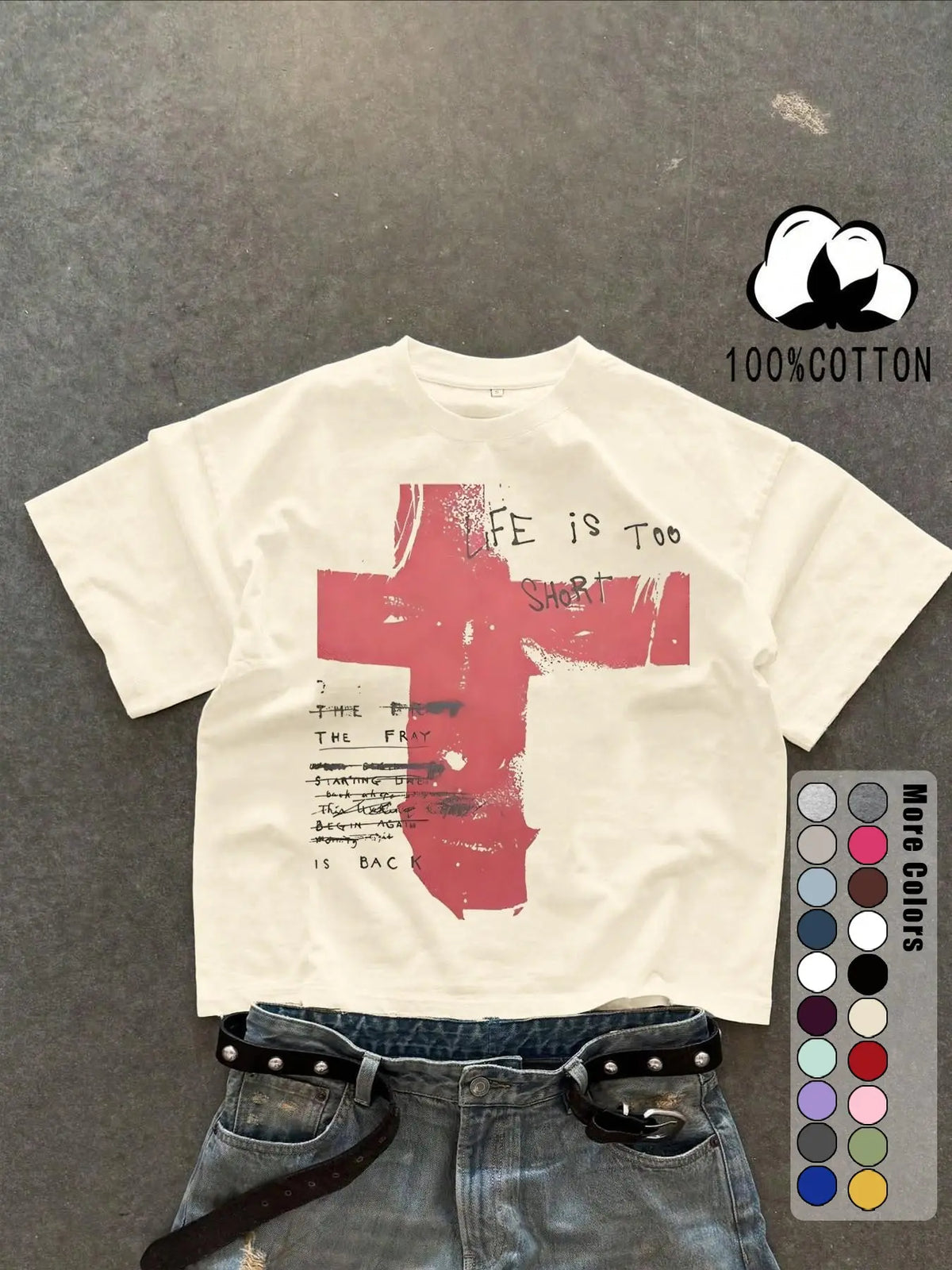 Unisex 100% Cotton Short Sleeve T-Shirt, Cross Graffiti Print, Y2K Dark Gothic Street Style, Streetwear, Casual Daily Wear, Loose-Fitting, Long Length, Aesthetic, Relaxed Fit