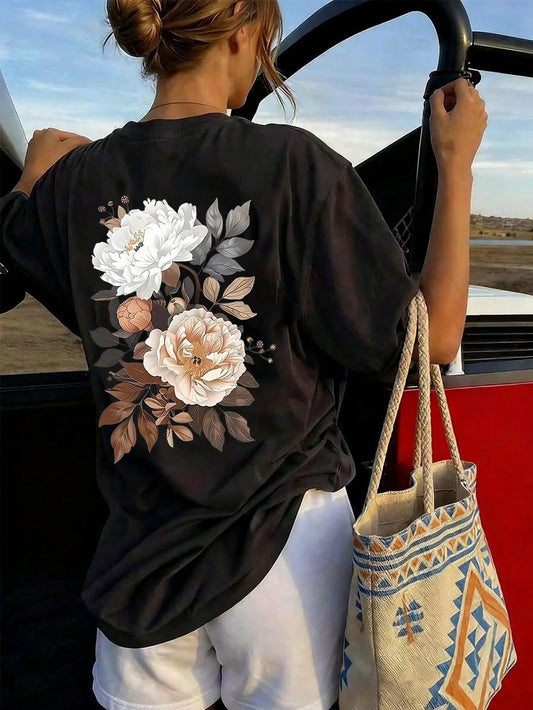 Women's Loose-Fit Short-Sleeve Polyester T-Shirt - Y2K Style Cartoon Floral Print Round Neck Top, Spring/Summer Everyday Soft Casual Tee with Breathable Fabric