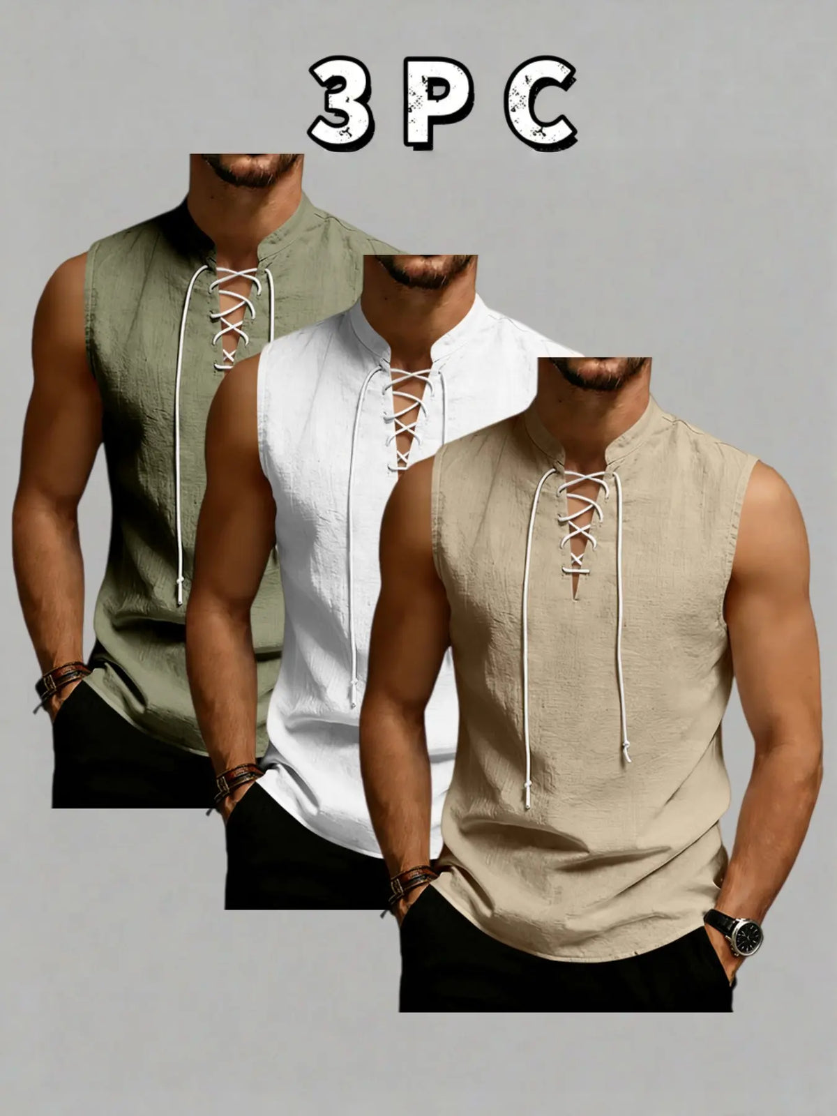 3-Pack Men's Sleeveless Tie-Back Vest, Plain Stand Collar Linen Style Jacket, Comfortable Breathable, Casual Wear for Vacation & Daily Use