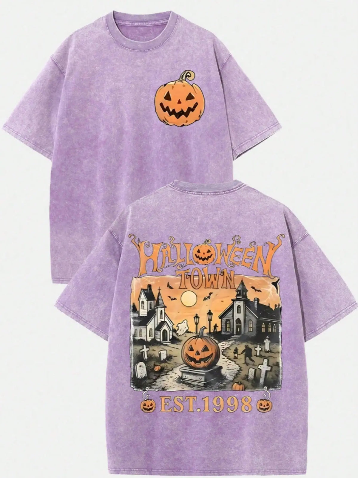 Women's Vintage Halloween Town Washed Cotton T-Shirt - Est 1998 Grunge Gothic Punk Emo Y2K Tops, Regular Sleeve T-Shirts, Regular Sleeve Women's T-Shirts