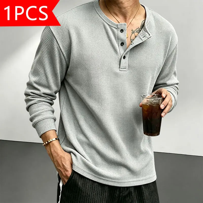 Men’s Classic Waffle-Knit Henley-Collar Short-Sleeve T-Shirt - Small Stand Collar, Half-Button Placket, Breathable Textured Knit Fabric, Relaxed Drop-Shoulder Casual Fit, Solid Basics Streetwear Top for Casual Everyday Wear