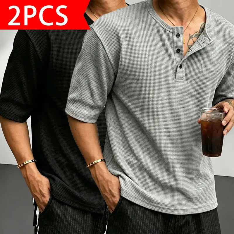 Men’s Classic Waffle-Knit Henley-Collar Short-Sleeve T-Shirt - Small Stand Collar, Half-Button Placket, Breathable Textured Knit Fabric, Relaxed Drop-Shoulder Casual Fit, Solid Basics Streetwear Top for Casual Everyday Wear