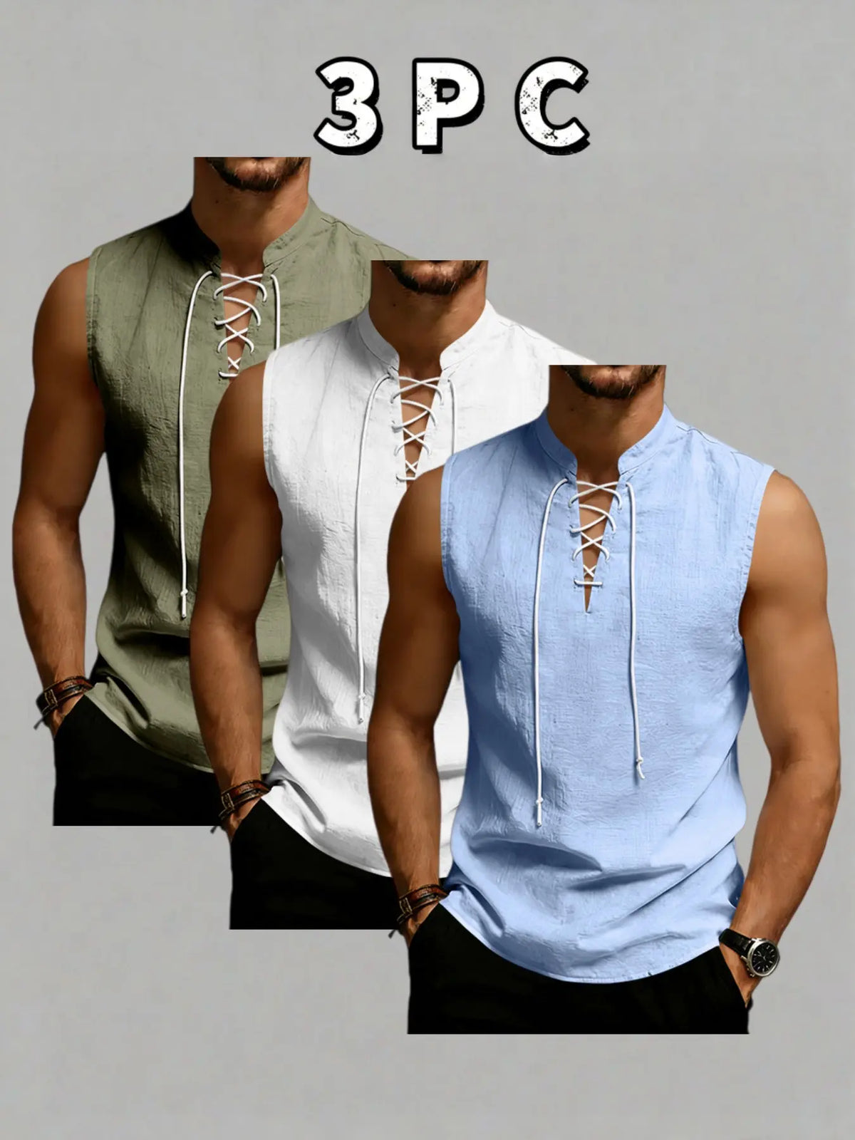 3-Pack Men's Sleeveless Tie-Back Vest, Plain Stand Collar Linen Style Jacket, Comfortable Breathable, Casual Wear for Vacation & Daily Use