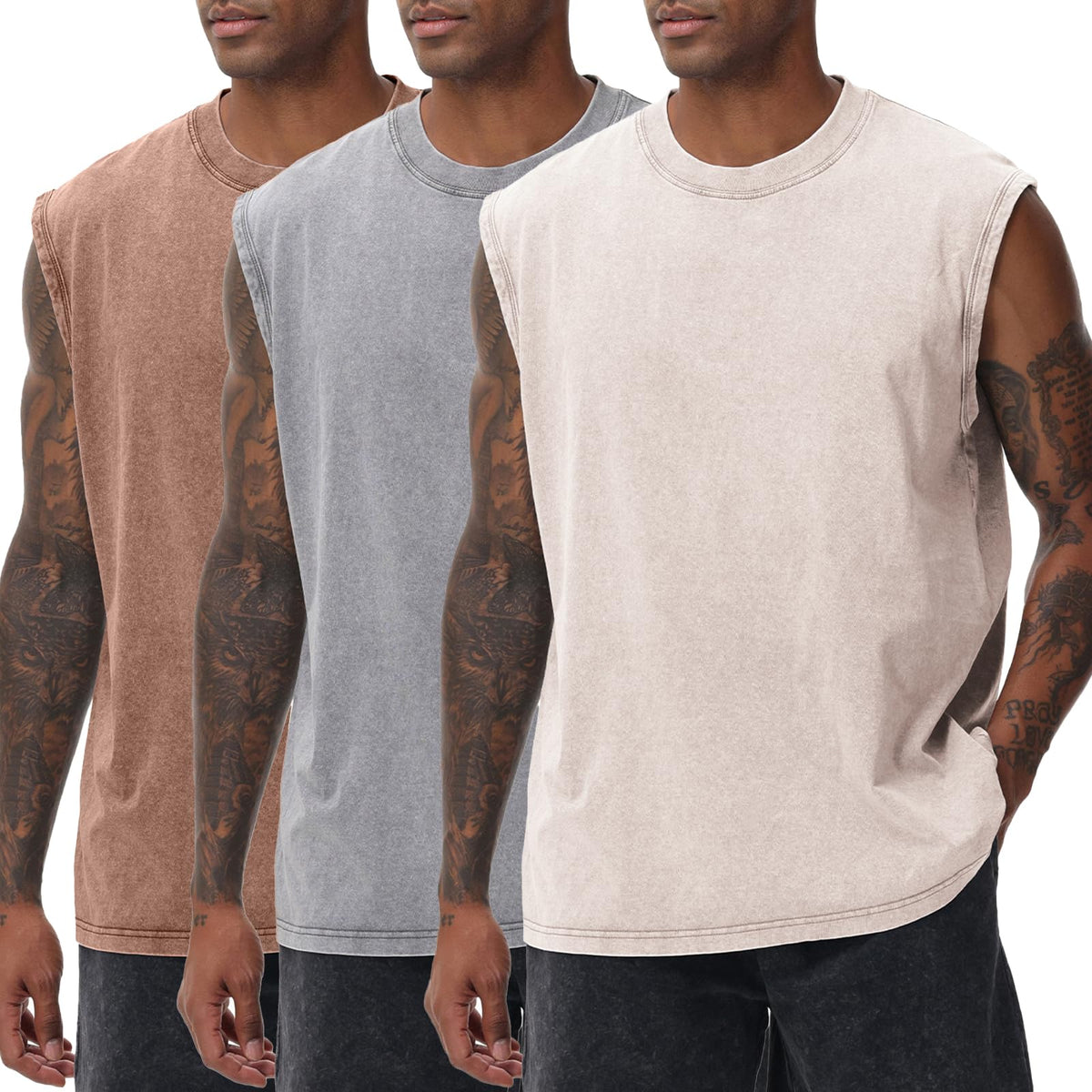 Mens Workout Tank Tops Sleeveless Tee Shirts Men Muscle Shirt Gym Acid Wash T Shirts Running Beach Loose Fit Tee