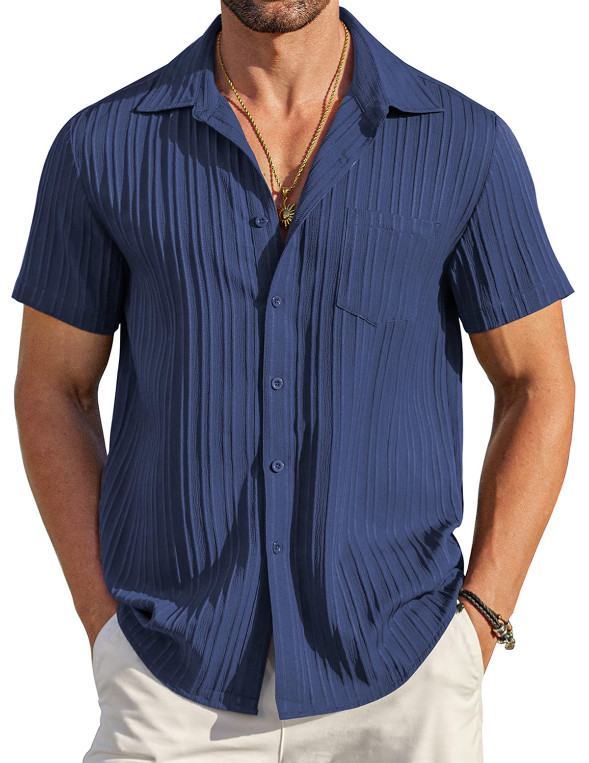 COOFANDY Men's Casual Button Down Shirts Short Sleeve Textured Summer Beach Shirt with Pocket