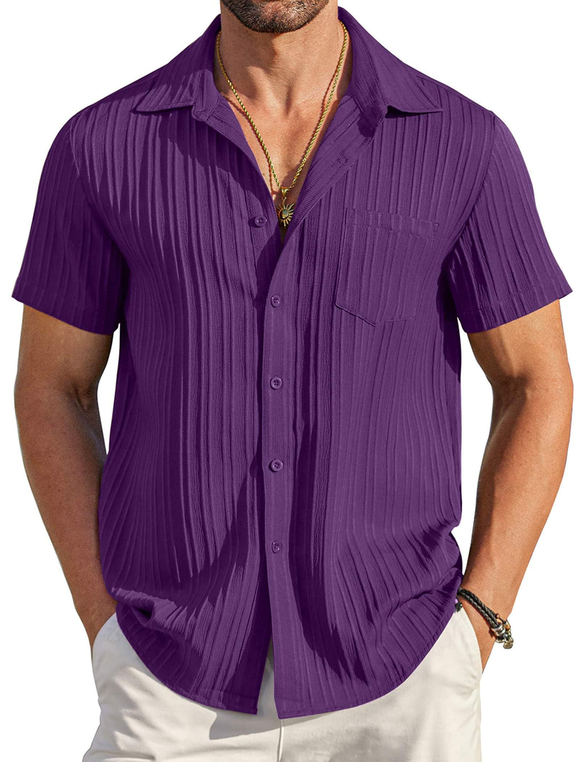 COOFANDY Men's Casual Button Down Shirts Short Sleeve Textured Summer Beach Shirt with Pocket