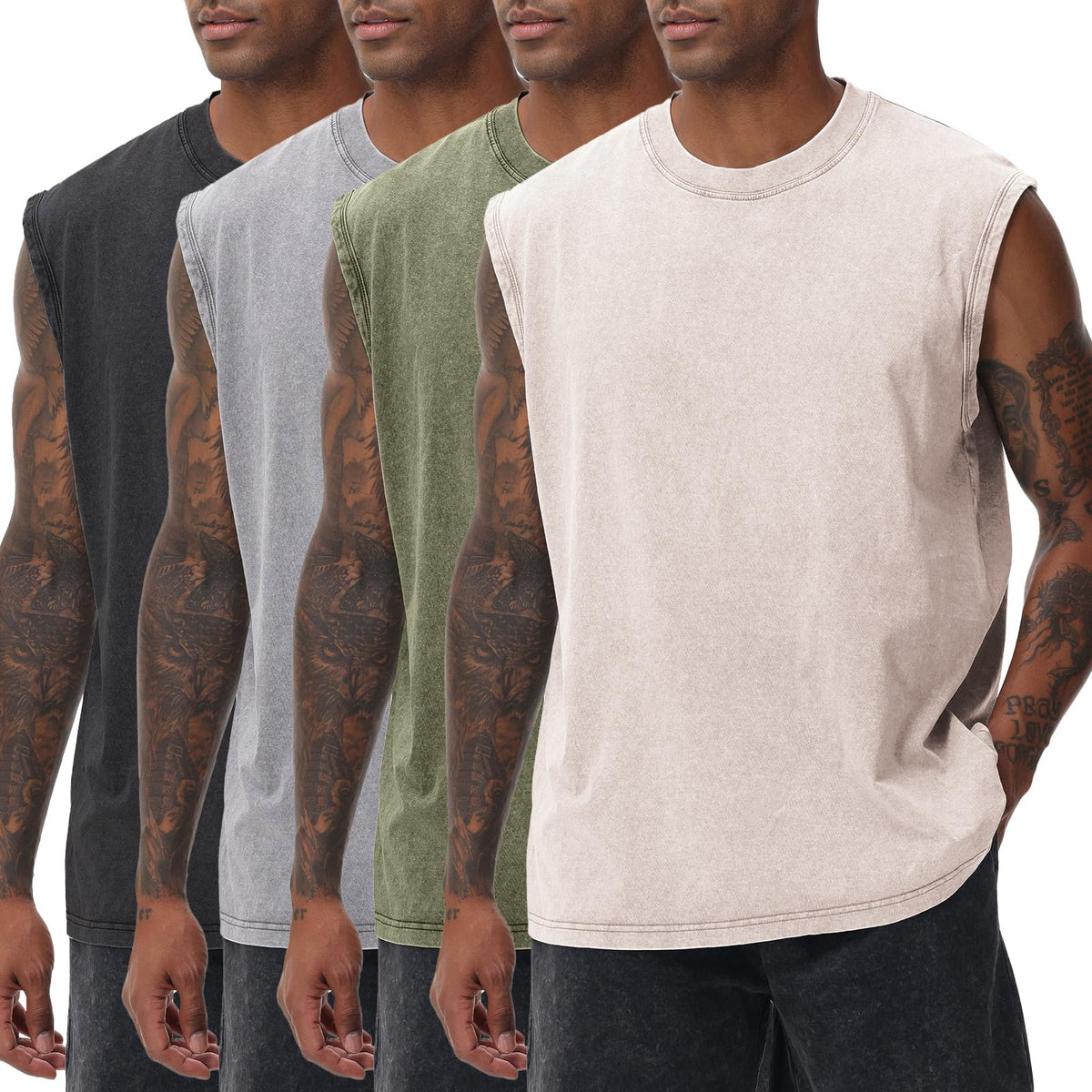 Mens Workout Tank Tops Sleeveless Tee Shirts Men Muscle Shirt Gym Acid Wash T Shirts Running Beach Loose Fit Tee