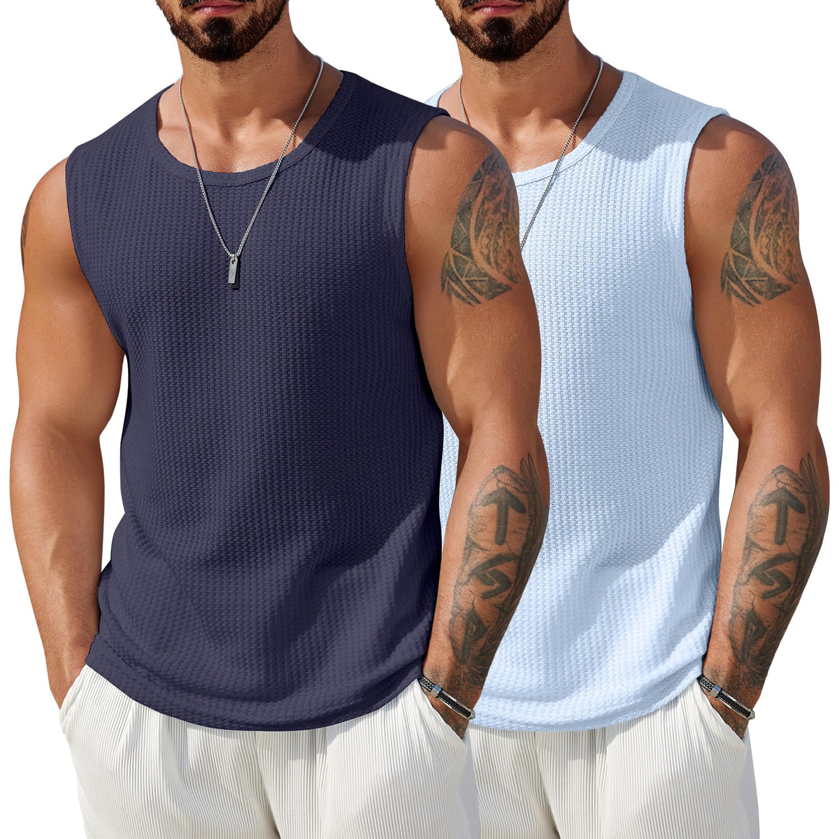 COOFANDY Mens Casual Tank Tops 2 Pack Waffle Knit Sleeveless Shirt Breathable Tank Shirts Summer Muscle Tee