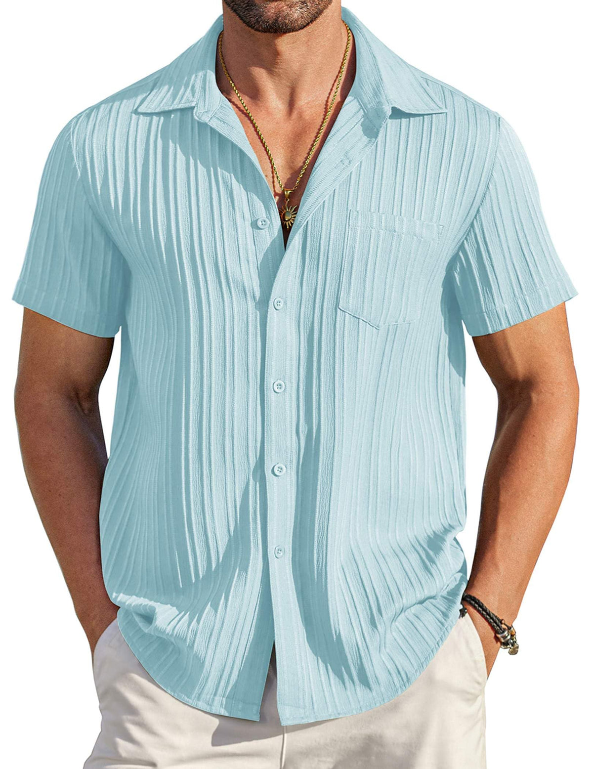 COOFANDY Men's Casual Button Down Shirts Short Sleeve Textured Summer Beach Shirt with Pocket