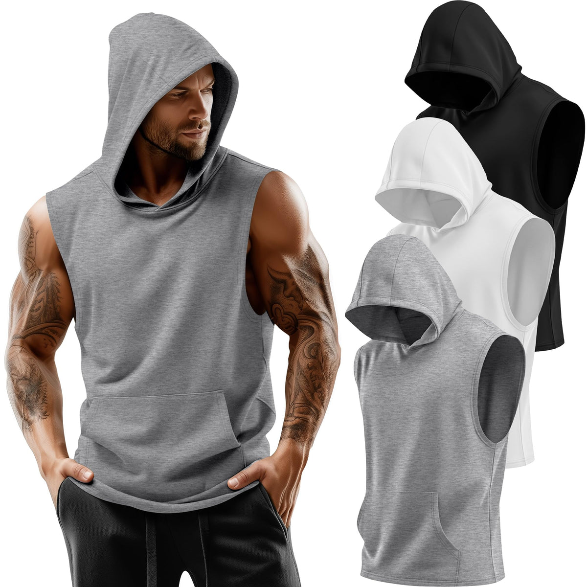 3 Pack Men's Workout Hooded Tank Tops