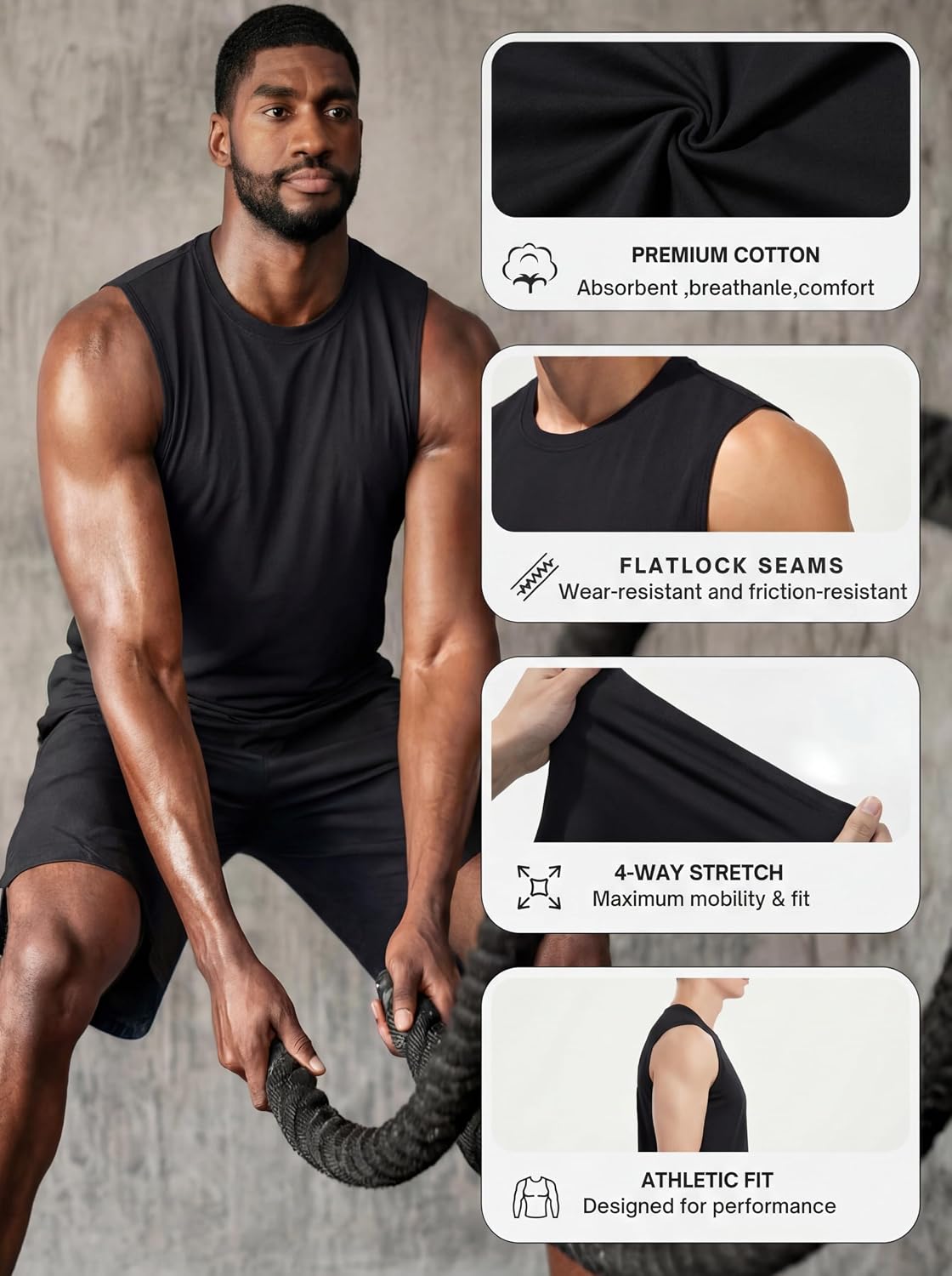 TACVASEN Tank Top for Men Moisture Wicking Cotton Sleeveless Shirts Muscle Gym Workout Causal Summer Tank Tops