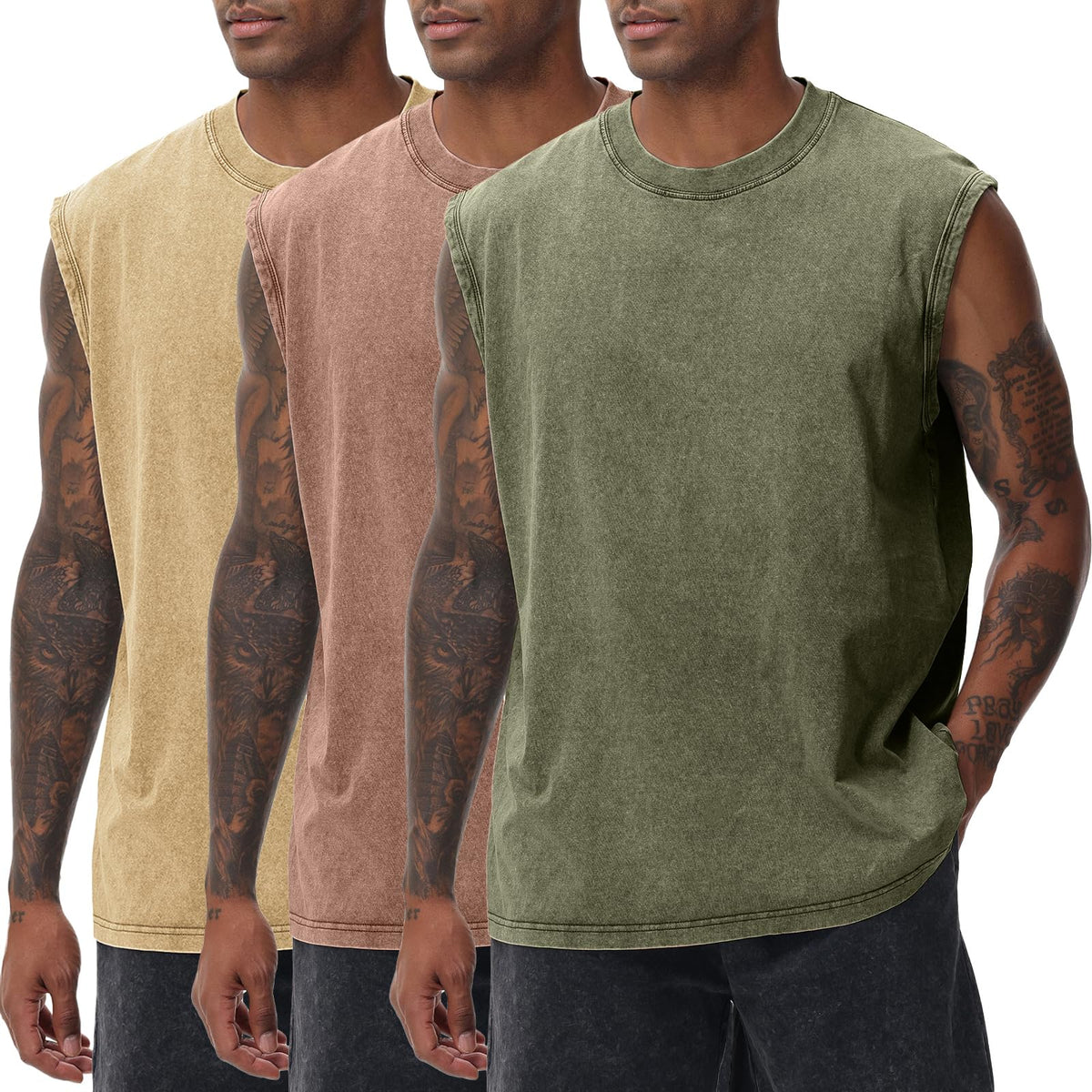 Mens Workout Tank Tops Sleeveless Tee Shirts Men Muscle Shirt Gym Acid Wash T Shirts Running Beach Loose Fit Tee