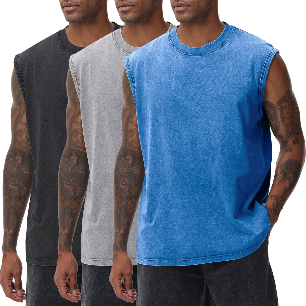 Mens Workout Tank Tops Sleeveless Tee Shirts Men Muscle Shirt Gym Acid Wash T Shirts Running Beach Loose Fit Tee
