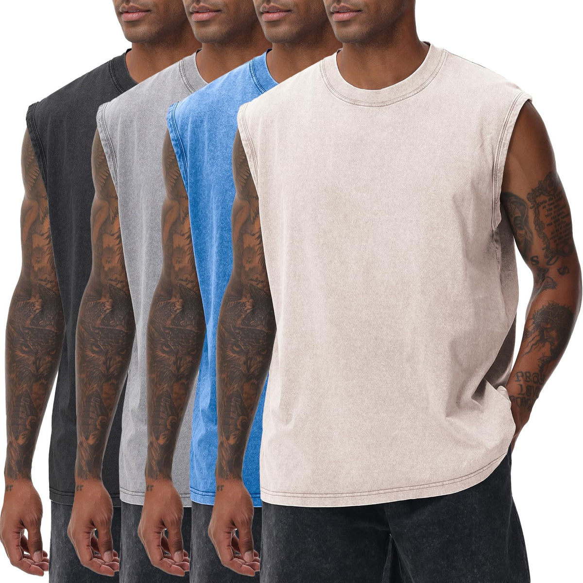Mens Workout Tank Tops Sleeveless Tee Shirts Men Muscle Shirt Gym Acid Wash T Shirts Running Beach Loose Fit Tee