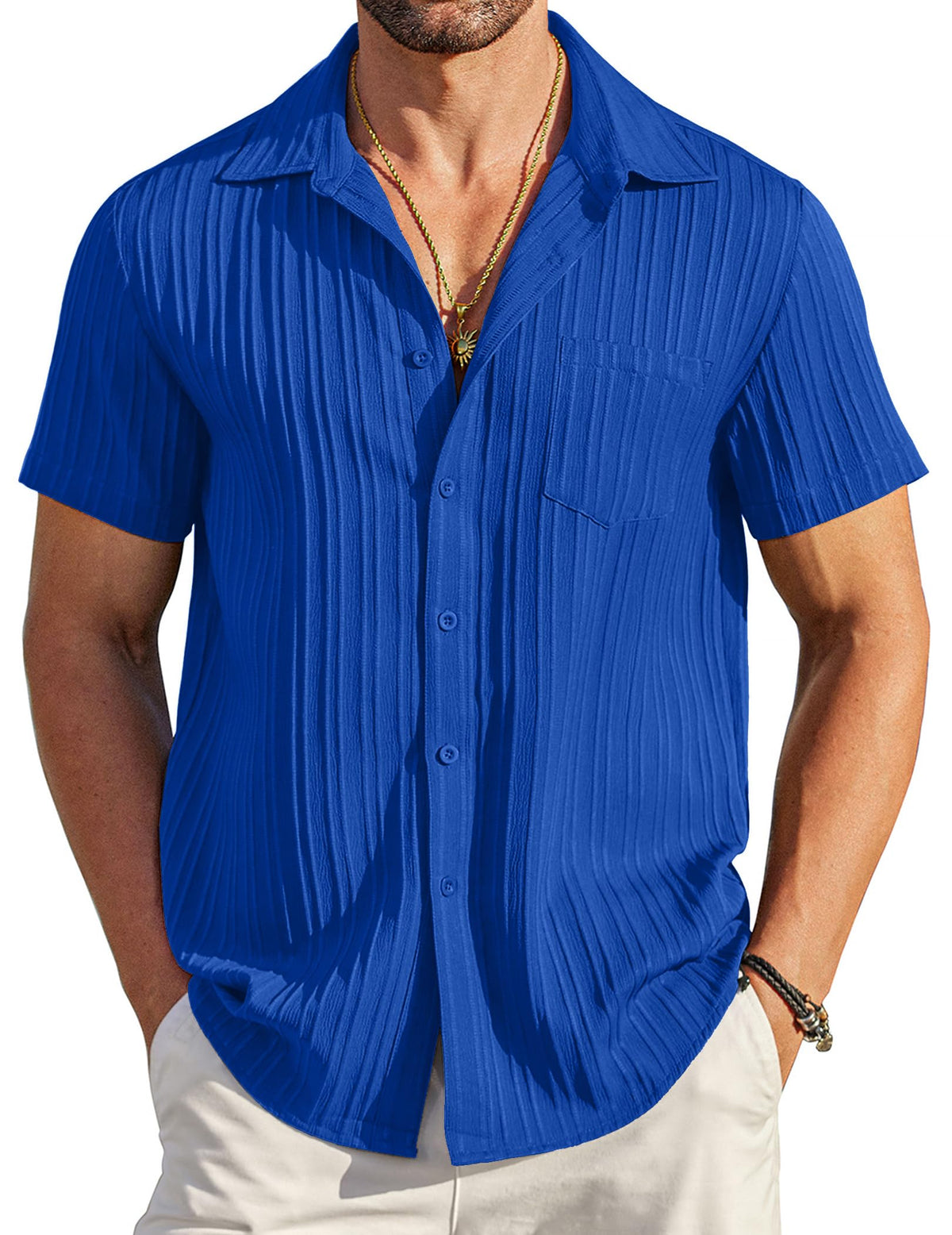 COOFANDY Men's Casual Button Down Shirts Short Sleeve Textured Summer Beach Shirt with Pocket