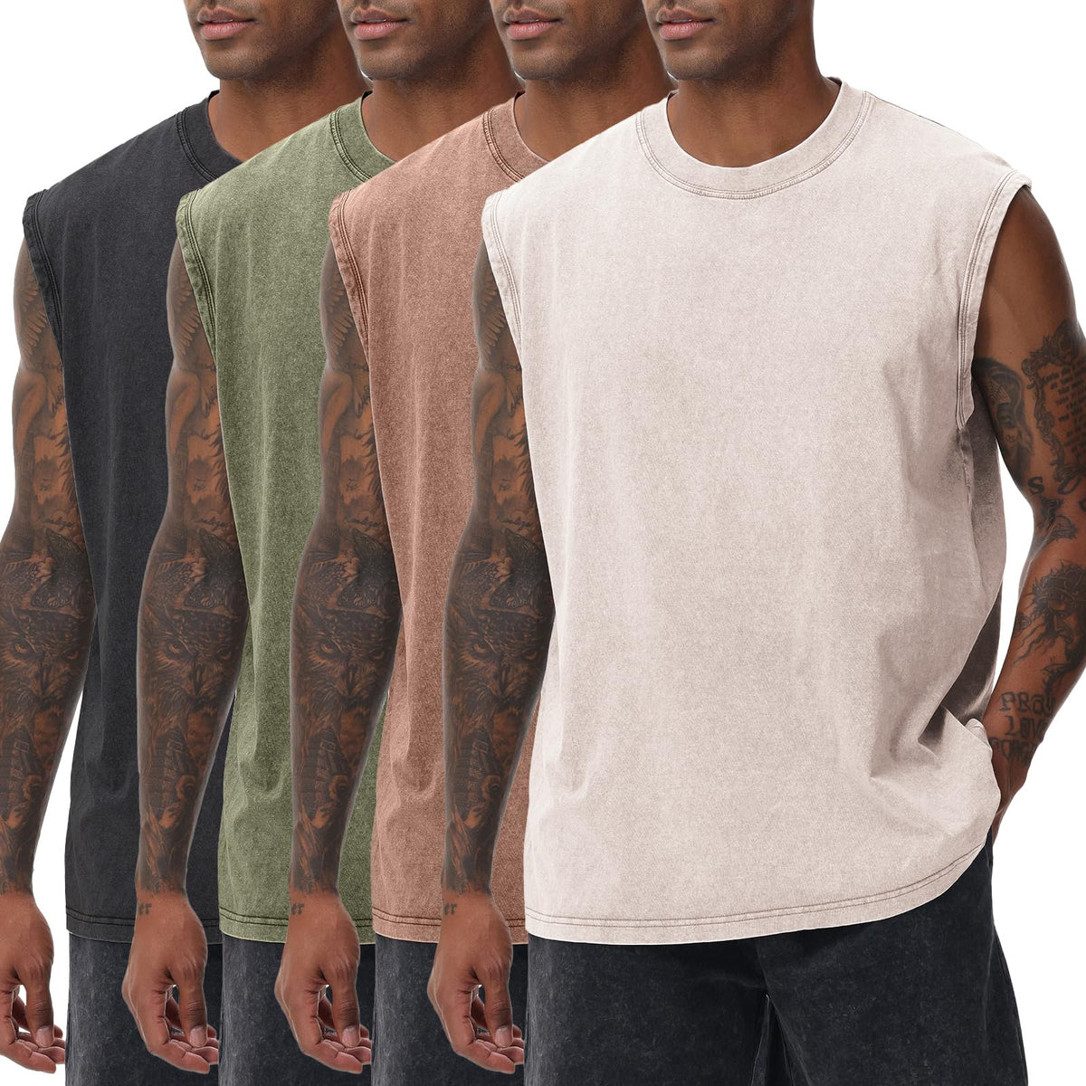 Mens Workout Tank Tops Sleeveless Tee Shirts Men Muscle Shirt Gym Acid Wash T Shirts Running Beach Loose Fit Tee