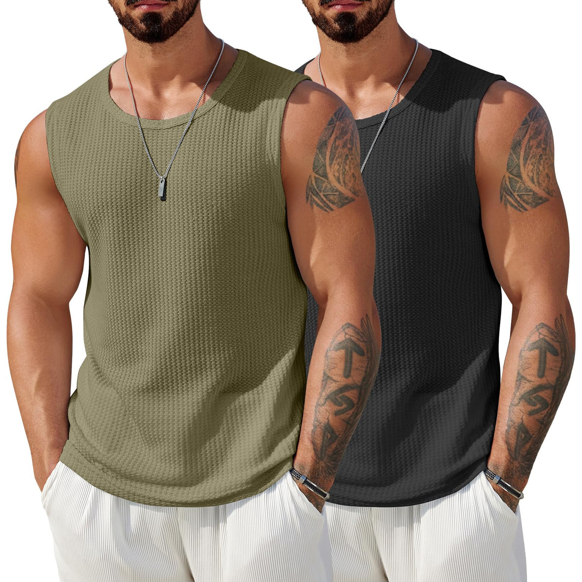 COOFANDY Mens Casual Tank Tops 2 Pack Waffle Knit Sleeveless Shirt Breathable Tank Shirts Summer Muscle Tee