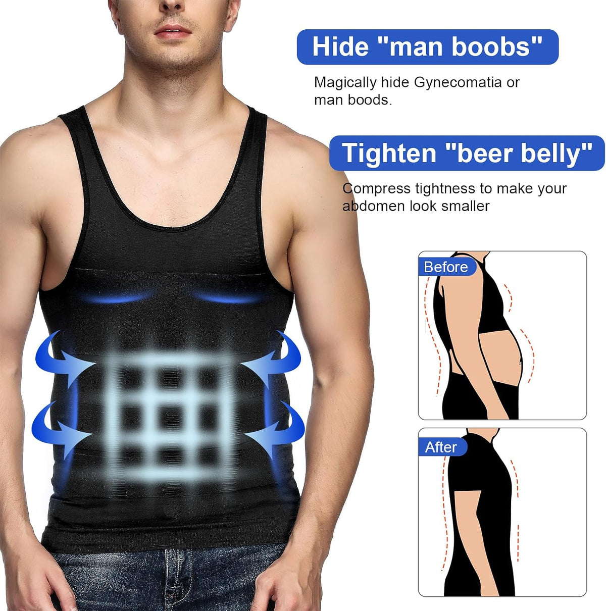 Odoland 5 Pack Men's Compression Shirt Body Shapewear Tummy Tank Top