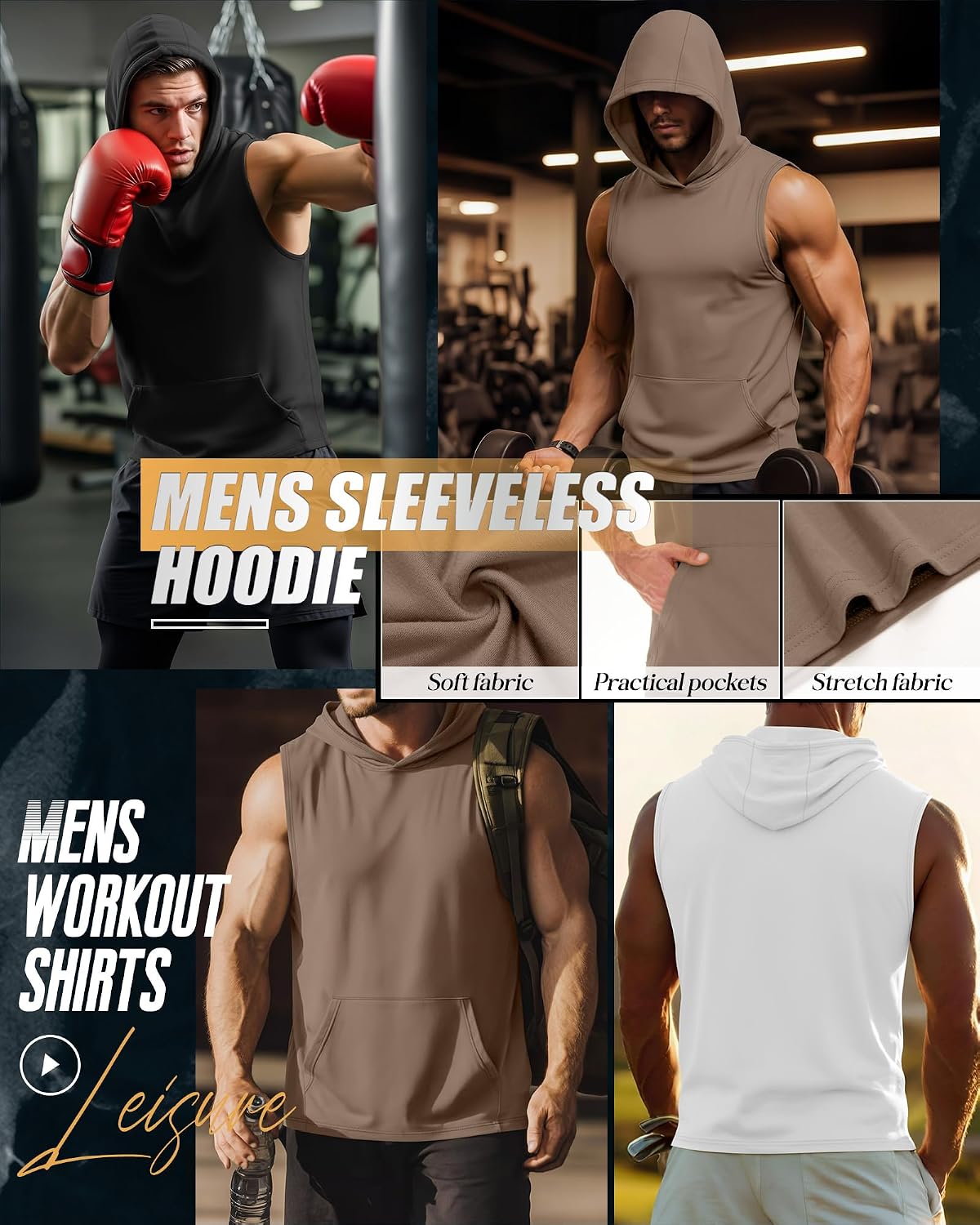 3 Pack Men's Workout Hooded Tank Tops