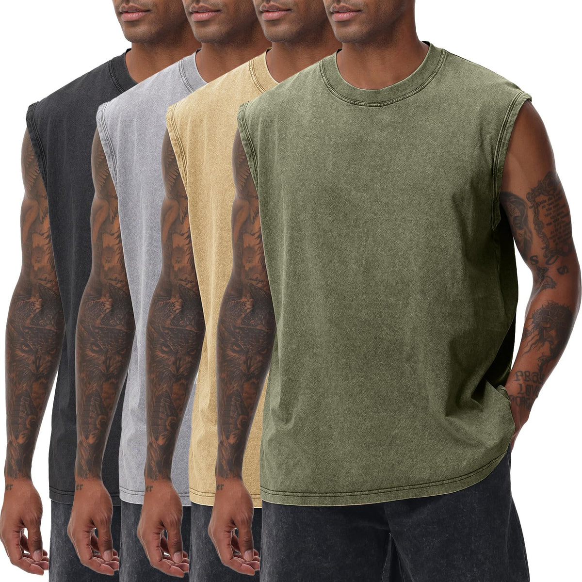 Mens Workout Tank Tops Sleeveless Tee Shirts Men Muscle Shirt Gym Acid Wash T Shirts Running Beach Loose Fit Tee