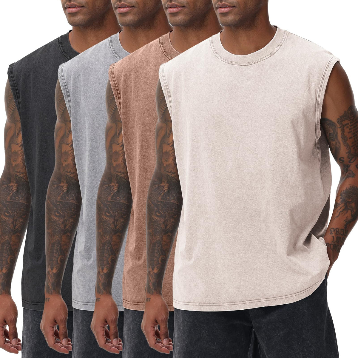 Mens Workout Tank Tops Sleeveless Tee Shirts Men Muscle Shirt Gym Acid Wash T Shirts Running Beach Loose Fit Tee