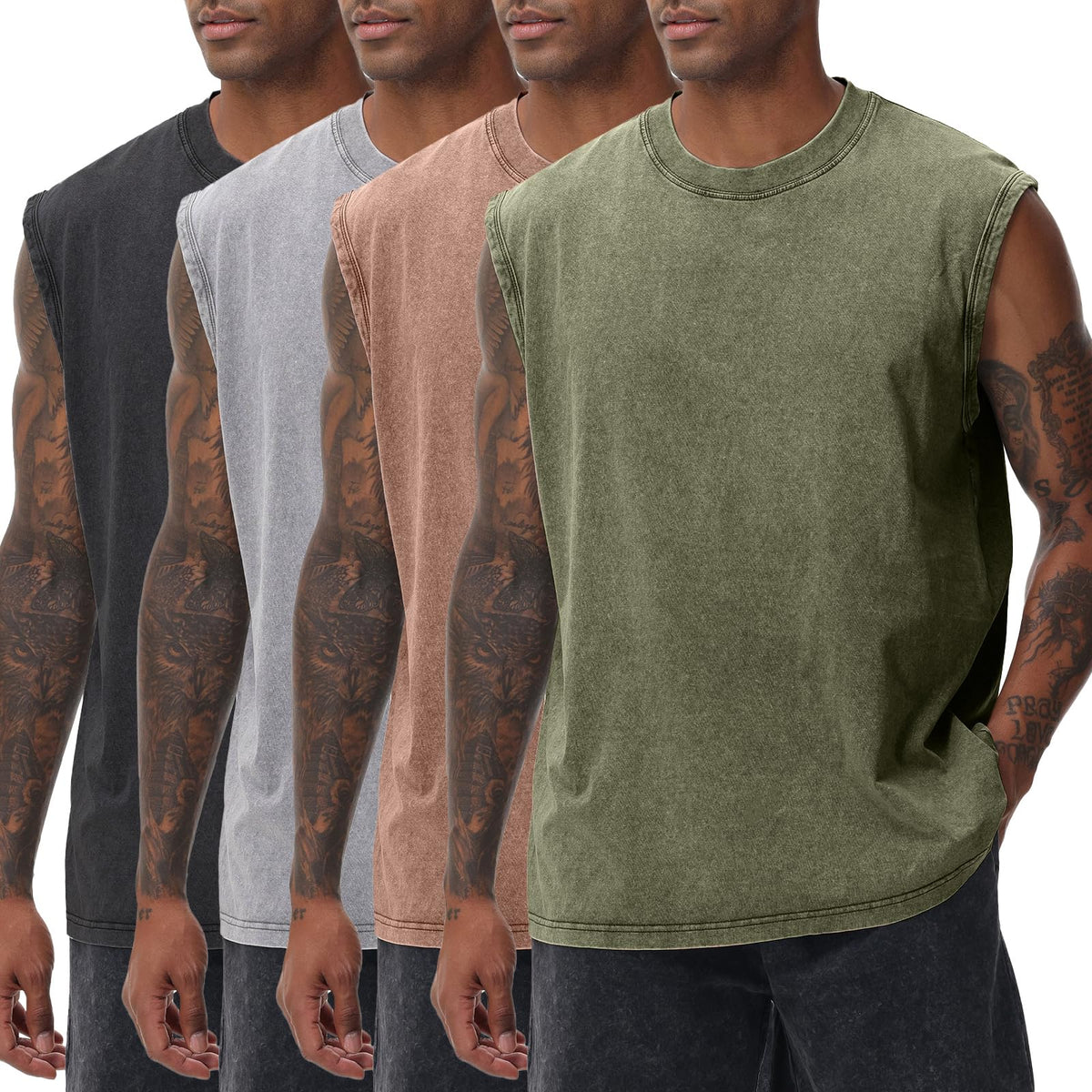 Mens Workout Tank Tops Sleeveless Tee Shirts Men Muscle Shirt Gym Acid Wash T Shirts Running Beach Loose Fit Tee