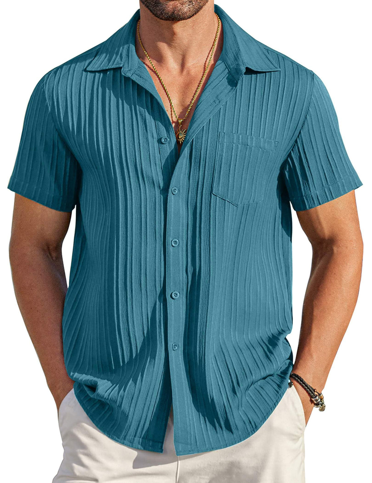 COOFANDY Men's Casual Button Down Shirts Short Sleeve Textured Summer Beach Shirt with Pocket