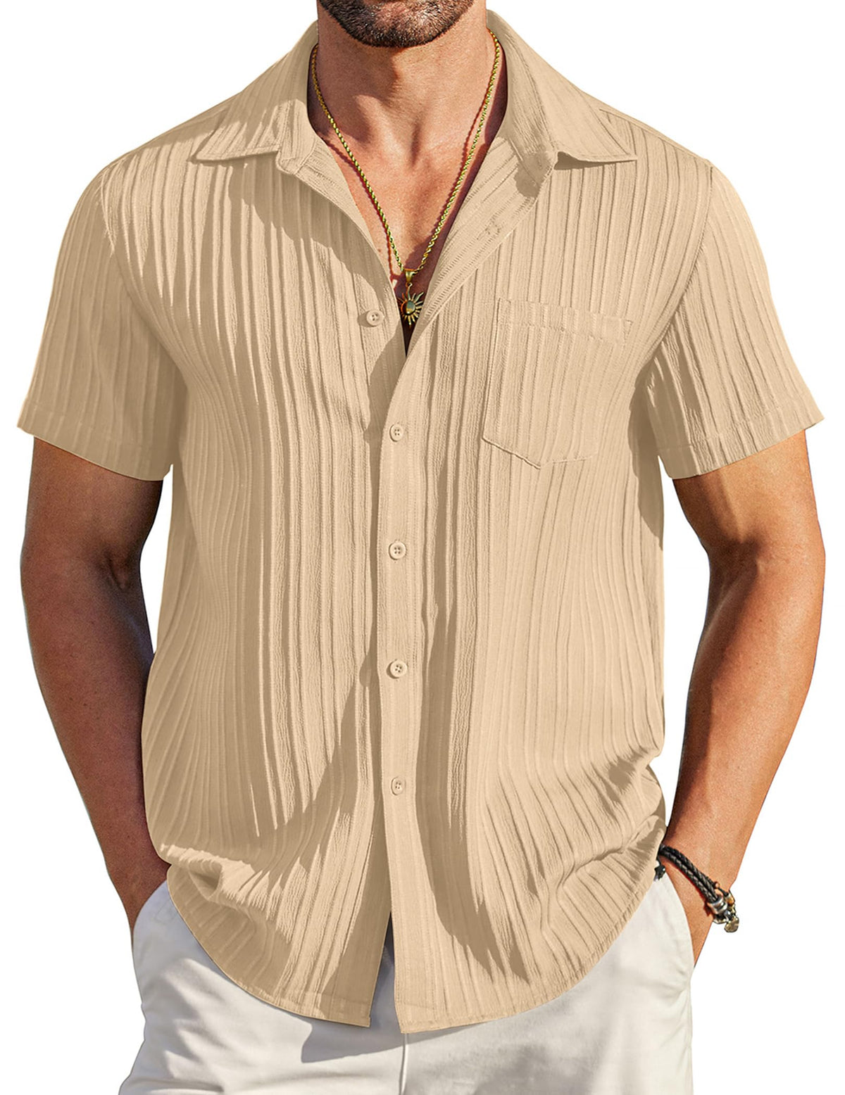COOFANDY Men's Casual Button Down Shirts Short Sleeve Textured Summer Beach Shirt with Pocket